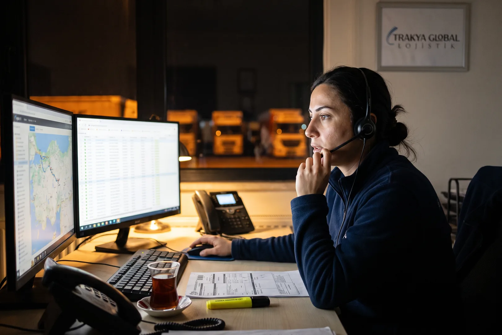 Operations team member tracking shipments on the night shift